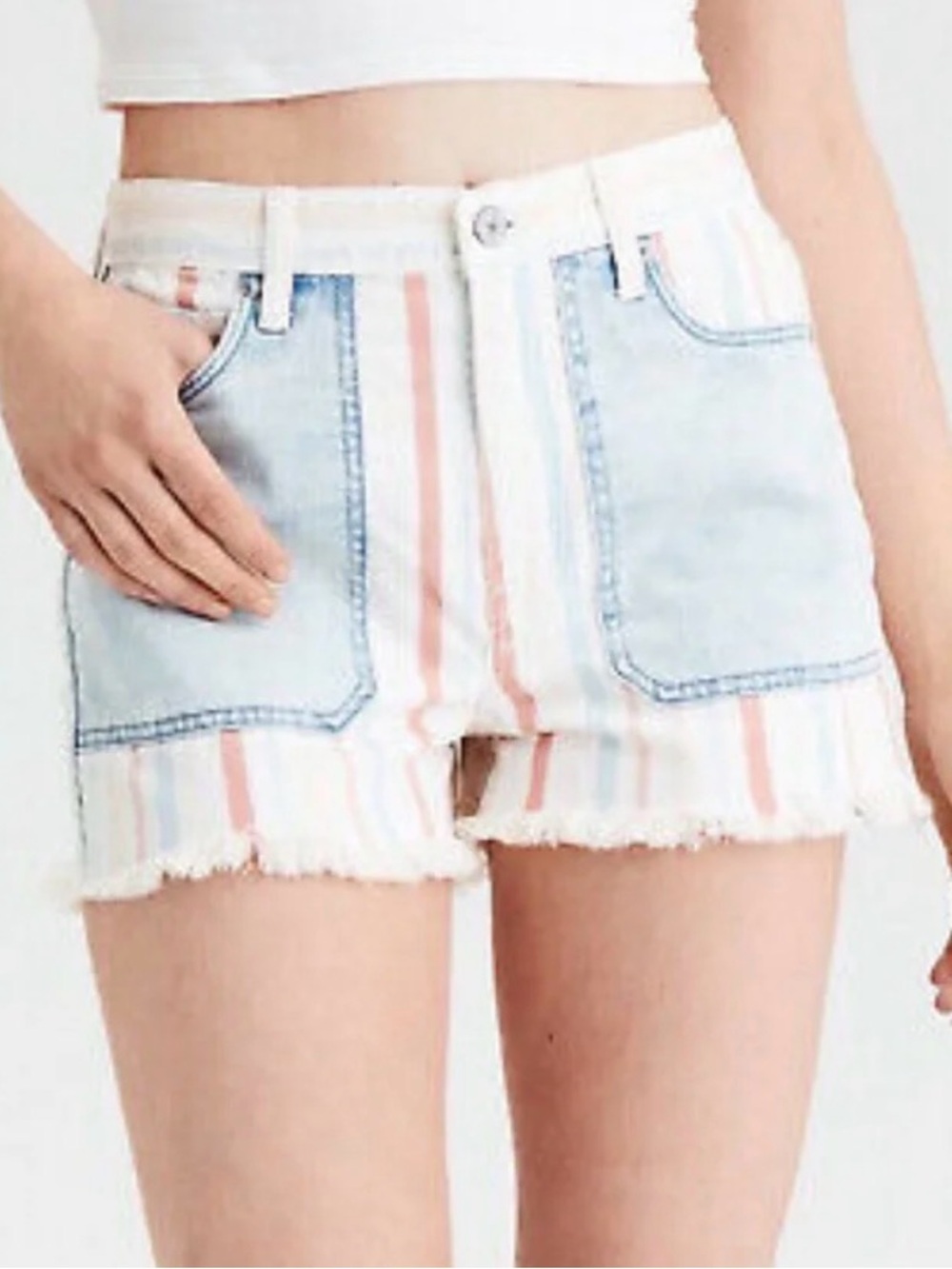American Eagle Outfitters White Denim Shorts with Pink & Blue Stripes